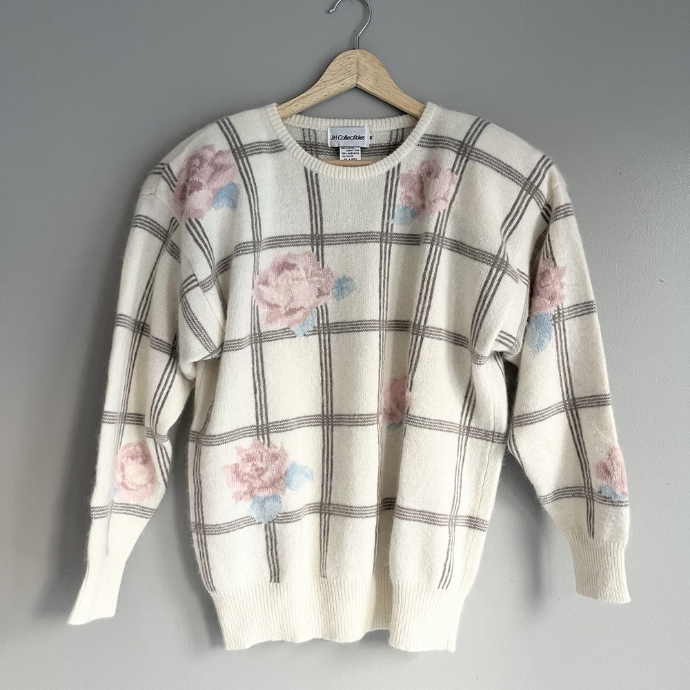 Vintage JH Collectibles Angora Lambswool Cream Sweater Window Pane Pink Roses M